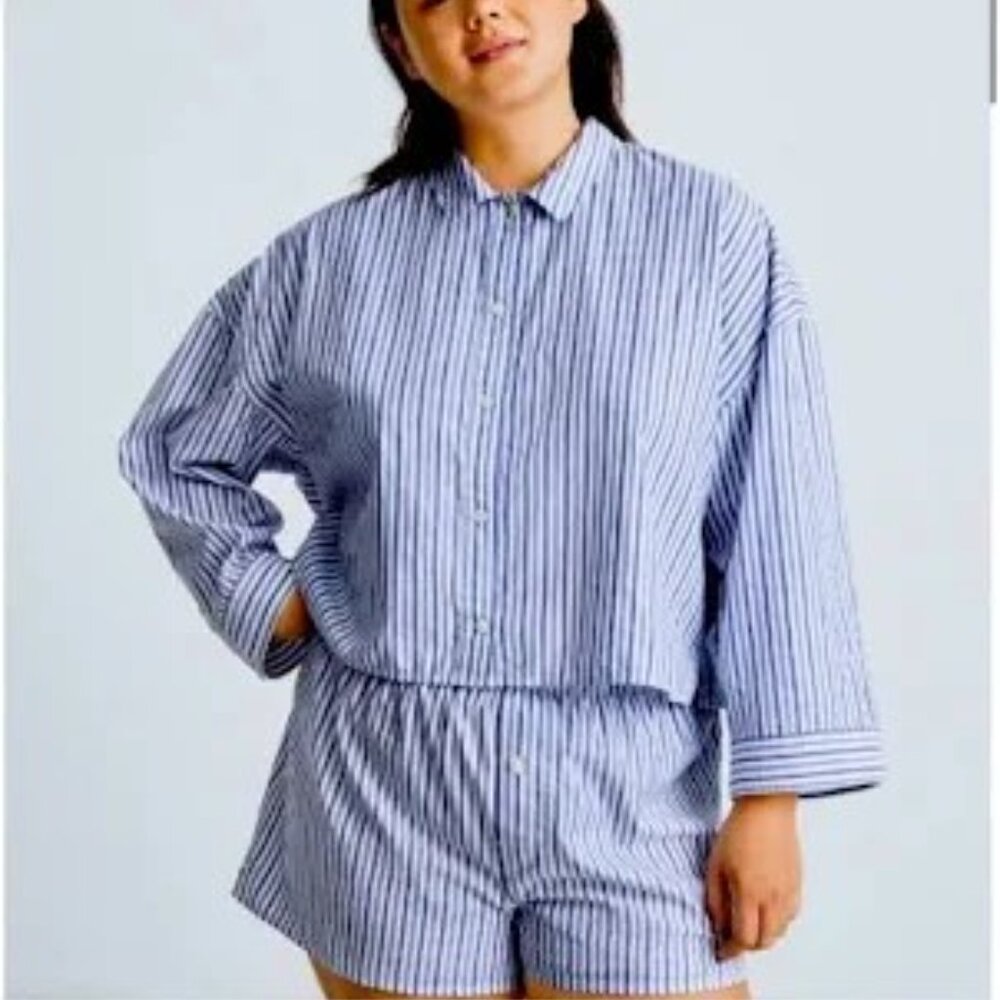Everlane Women Pj Top Shirt M Striped Woven Cotton Soft Boxy, NWT